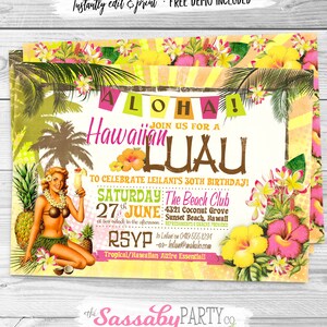 Hawaiian Luau Invitation, Tropical Party, Birthday, BBQ, Beach, Hawaii, Aloha, Bday, 30th Bday, 40th, Cocktails, Retro, Printable, Print Yourself, Instant Download, Editable, Edit Text