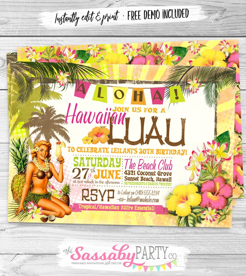 Hawaiian Luau Invitation, Tropical Party, Birthday, BBQ, Beach, Hawaii, Aloha, Bday, 30th Bday, 40th, Cocktails, Retro, Printable, Print Yourself, Instant Download, Editable, Edit Text