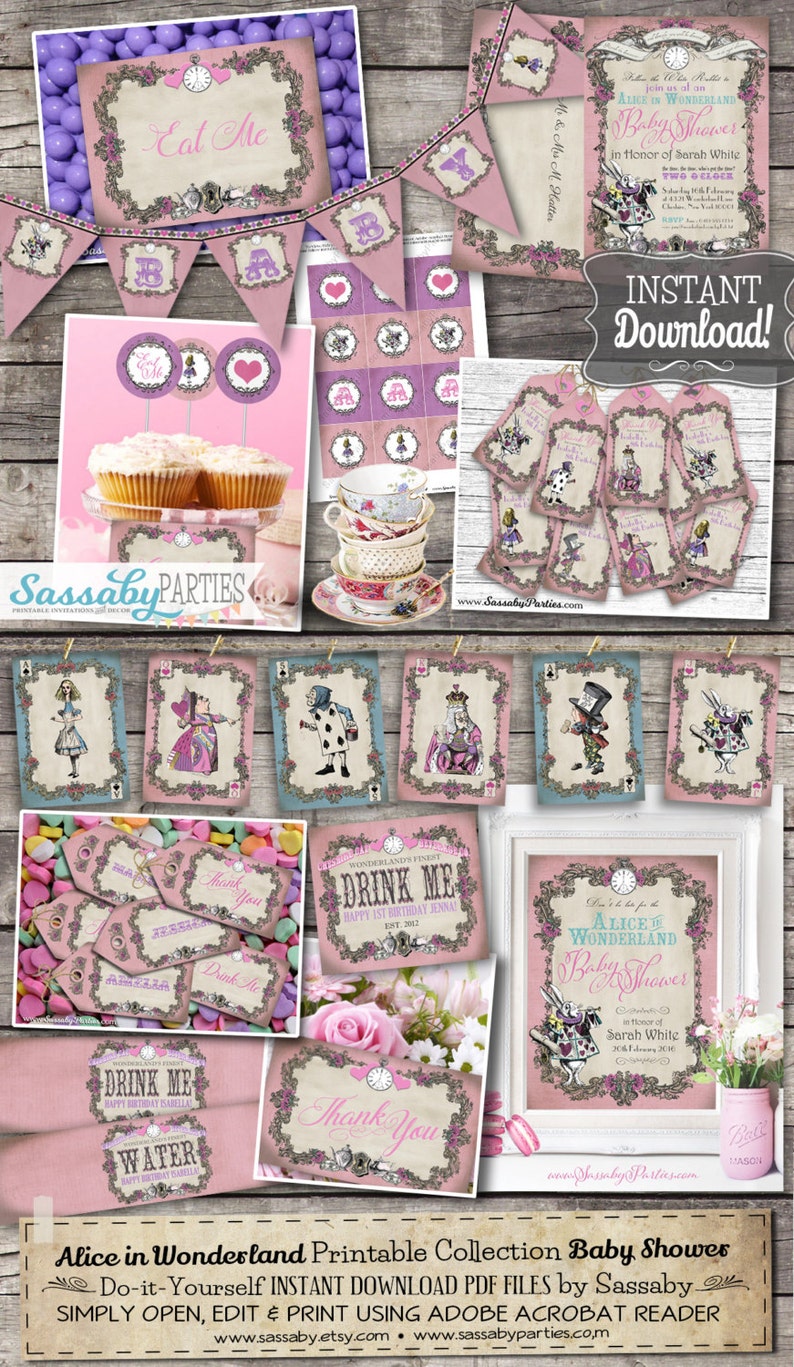 Alice In Wonderland Baby Shower Collection Instant Download Etsy