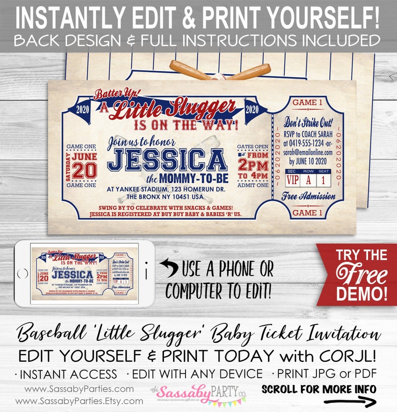 Baseball Baby Shower Invitation, Ticket Invite, Little Slugger On The Way, Mommy to Be, Batter Up, Little Rookie, Edit Text, Editable, Take Me Out To The Ballgame, Play Ball, Home Run, Instant Download, Printable, Print Yourself