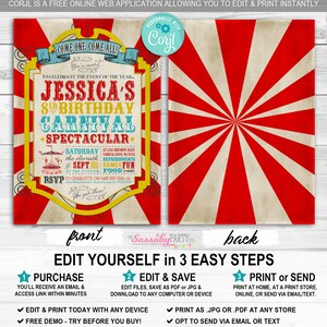 Carnival Invitation, Invite, Any Age, Birthday, Red, Carousel, Ferris Wheel, Instant Download, Edit Text, Editable, Printable, Come One Come All, Print Yourself, Use Any Device