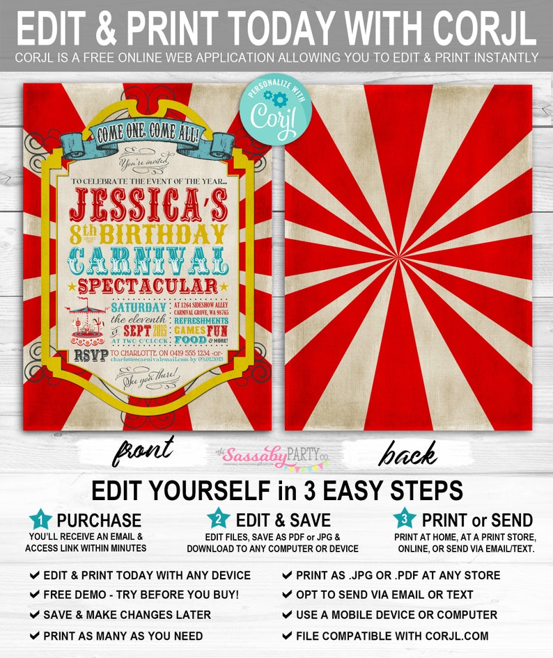 Carnival Invitation, Invite, Any Age, Birthday, Red, Carousel, Ferris Wheel, Instant Download, Edit Text, Editable, Printable, Come One Come All, Print Yourself, Use Any Device