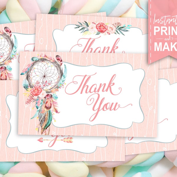 Boho Chic Pink Thank You Cards - INSTANT DOWNLOAD - Printable ,Thankyou Gift Card, Dreamcatcher, Party Favor Tag, Feathers, Southwest