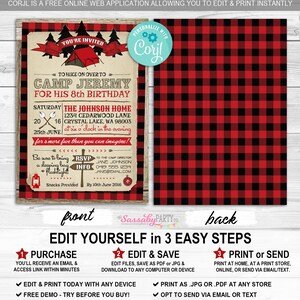 Camping Party Invitation, Red, Lumberjack, Any Age, Tent, Scouts, Summer Camp, Smores, Arrows, Campfire, Compass, Woods, Instant Download, Printable Birthday, Print Yourself
