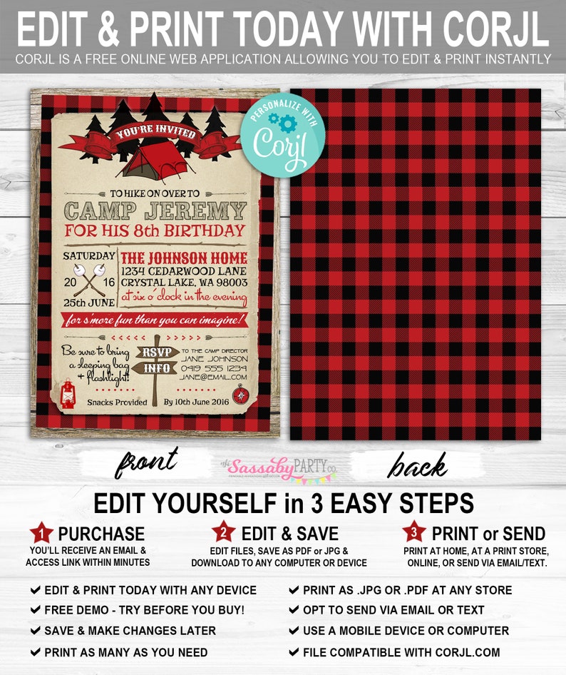 Camping Party Invitation, Red, Lumberjack, Any Age, Tent, Scouts, Summer Camp, Smores, Arrows, Campfire, Compass, Woods, Instant Download, Printable Birthday, Print Yourself