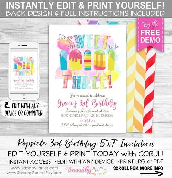 Popsicle 3rd Birthday Invitation - INSTANT DOWNLOAD - Editable & Printable, Third Birthday, Invite, Summer, Ice Cream, Sweet Three, Rainbow Il_570xn