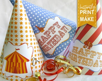 Circus Party Hats Templates - INSTANT DOWNLOAD - Printable Birthday Carnival, Decorations, Template, Vintage Style Decor, Print Yourself