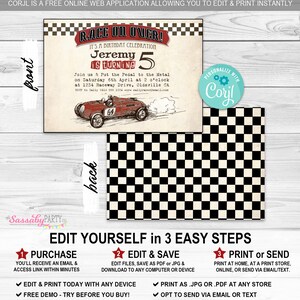 Classic Race Car Invitation, Invite, Any Age, Race on Over, Instant Download, Printable, Print Yourself, Editable, Old Car, Racing, Edit Text, red, Checkered Flag