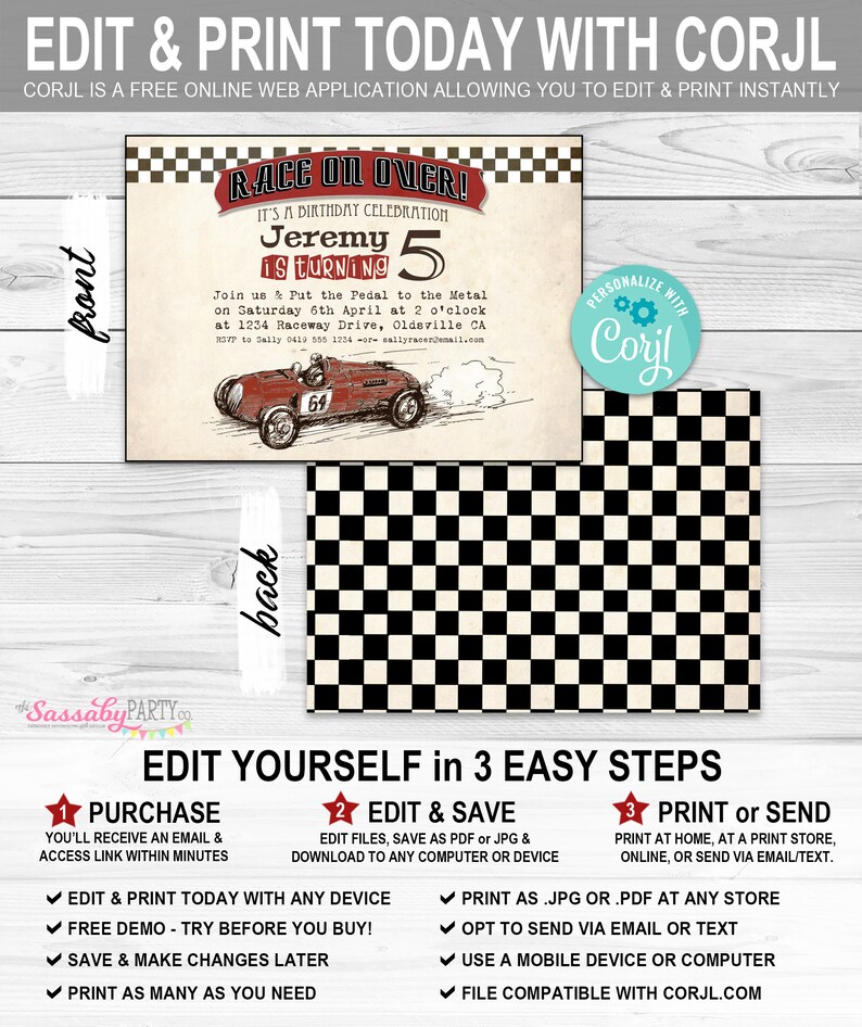 Classic Race Car Invitation, Invite, Any Age, Race on Over, Instant Download, Printable, Print Yourself, Editable, Old Car, Racing, Edit Text, red, Checkered Flag