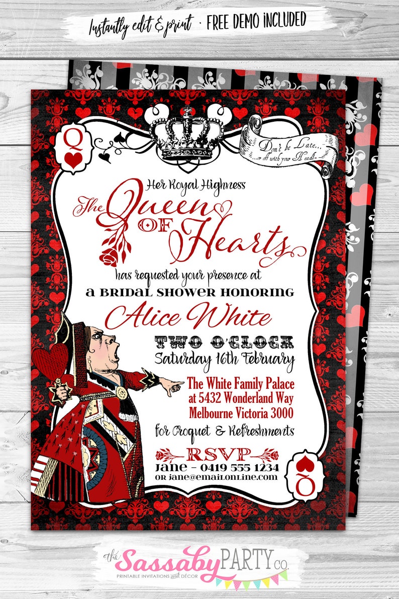 Alice in Wonderland, Red Queen of Hearts, Invitation, Invite, Tea Party, Edit Text, Editable, Printable Birthday Party Decorations, Print Yourself, Instant Download, Decor, Decoration, Print At Home, Digital Files