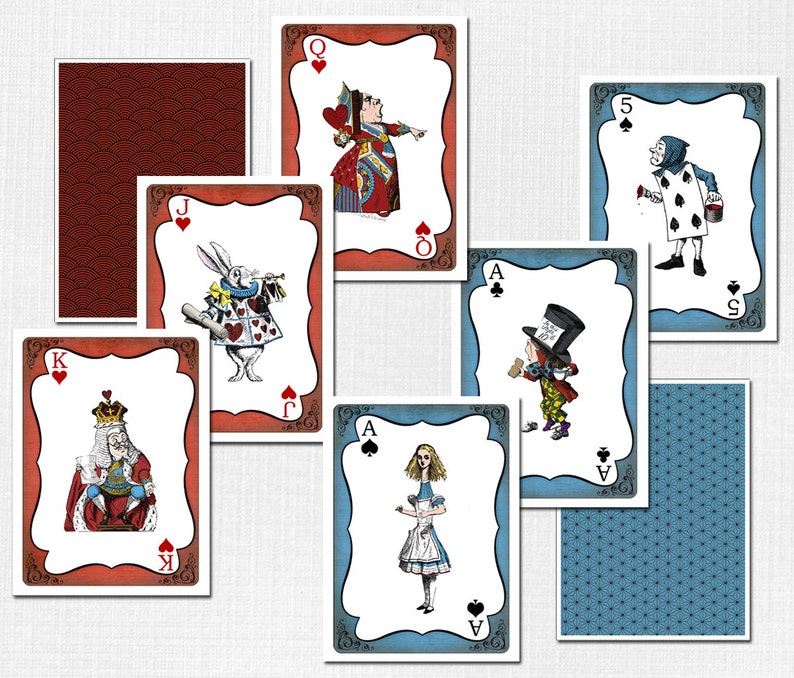 Alice in Wonderland, Playing Cards, Red Blue, Queen of Hearts, White Rabbit, Mad Hatter, Printable Birthday Party Decorations, Print Yourself, Instant Download, Fun Game Sign Decor, Decoration, Print At Home, Digital Files