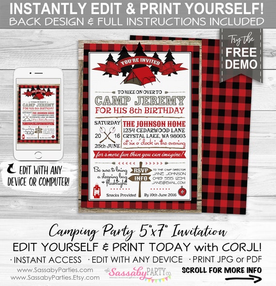 Camping Party Invitation - INSTANT DOWNLOAD - Partially Editable & Printable, Camp Out Birthday, Invite, Buffalo Plaid, Red Check, Summer Il_570xn