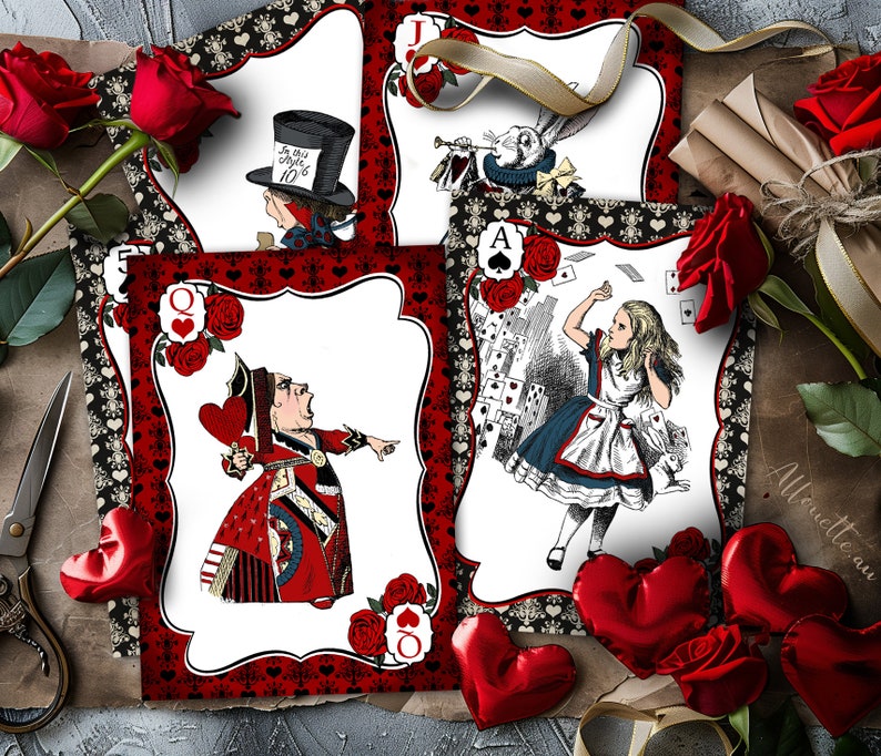 Queen of Heart Junk Journal Cards, Alice in Wonderland Ephemera 5x7", Scrapbooking Collage Sheet, Mad Hatter, Red Queen