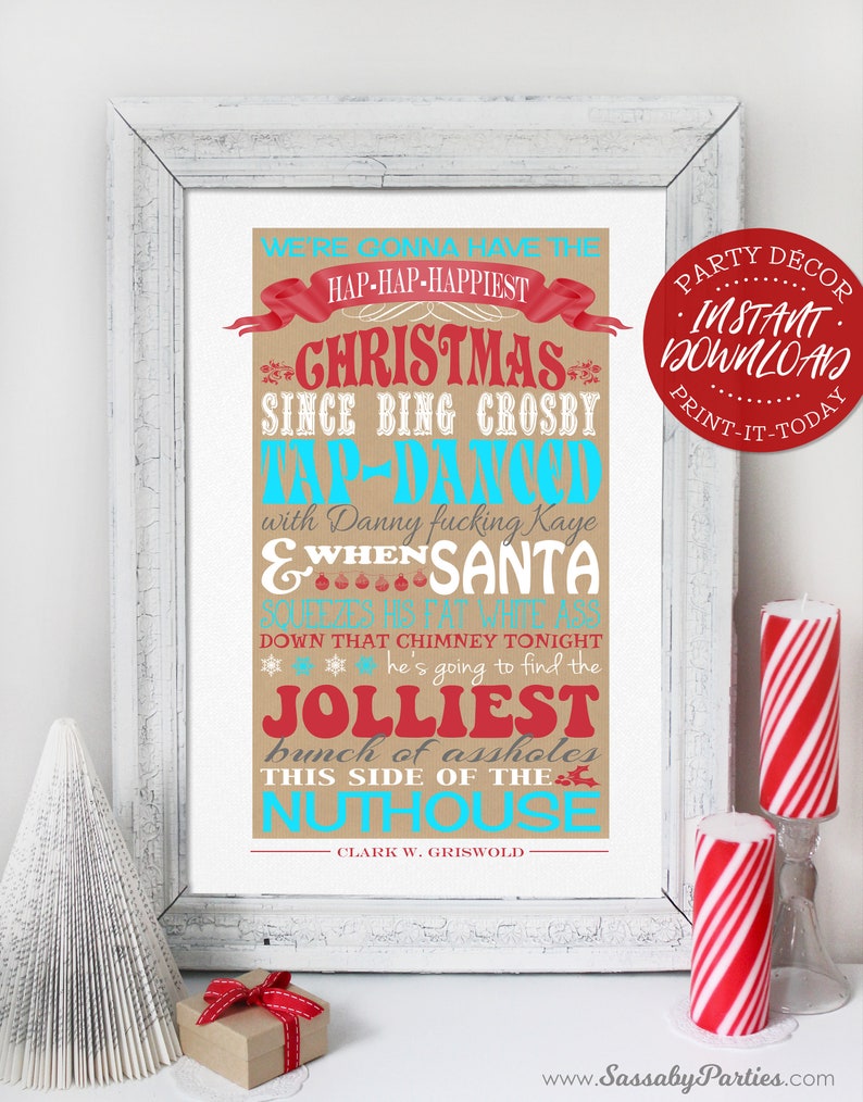 Christmas Poster, Funny Clark Griswold Quote, Sign, Instant Download, Print Yourself, Printable, Xmas Decorations, Decor, Aqua Blue Red, Vacation, Jolliest Bunch of Assholes in the Nuthouse