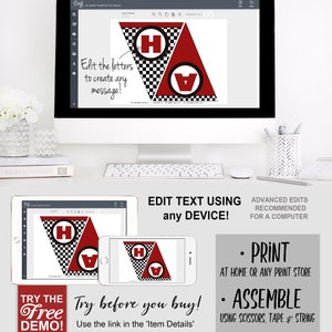 Racing Car Party Banner, Bunting, Checkered Flag, Formula One, Red, Create Any Message, Edit Text, Editable Message, Birthday Party Decorations, Decor, Instant Download, Printable Birthday, Print Yourself