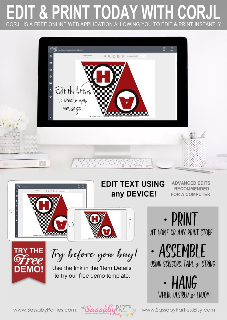 Racing Car Party Banner, Bunting, Checkered Flag, Formula One, Red, Create Any Message, Edit Text, Editable Message, Birthday Party Decorations, Decor, Instant Download, Printable Birthday, Print Yourself