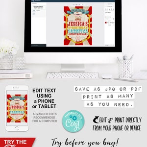 Carnival Game Sideshow Alley Poster, Edit Text, Editable, Sign, Birthday Party, Welcome Sign, Come One Come All, Circus, Carousel, Instant Download, Printable, Print Yourself,