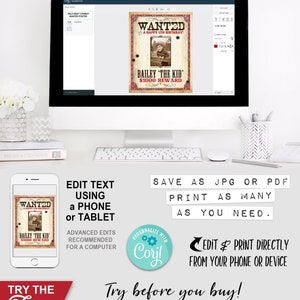 Cowboy Poster, Photo, Upload Picture, Wanted Sign, Reward, Printable, Birthday Party Decorations, Edit Text, Editable Name, Print Yourself, Instant Download, Fun Decor, Texas, Wild West, Decoration, Red, Bandana, Print At Home, Digital Files