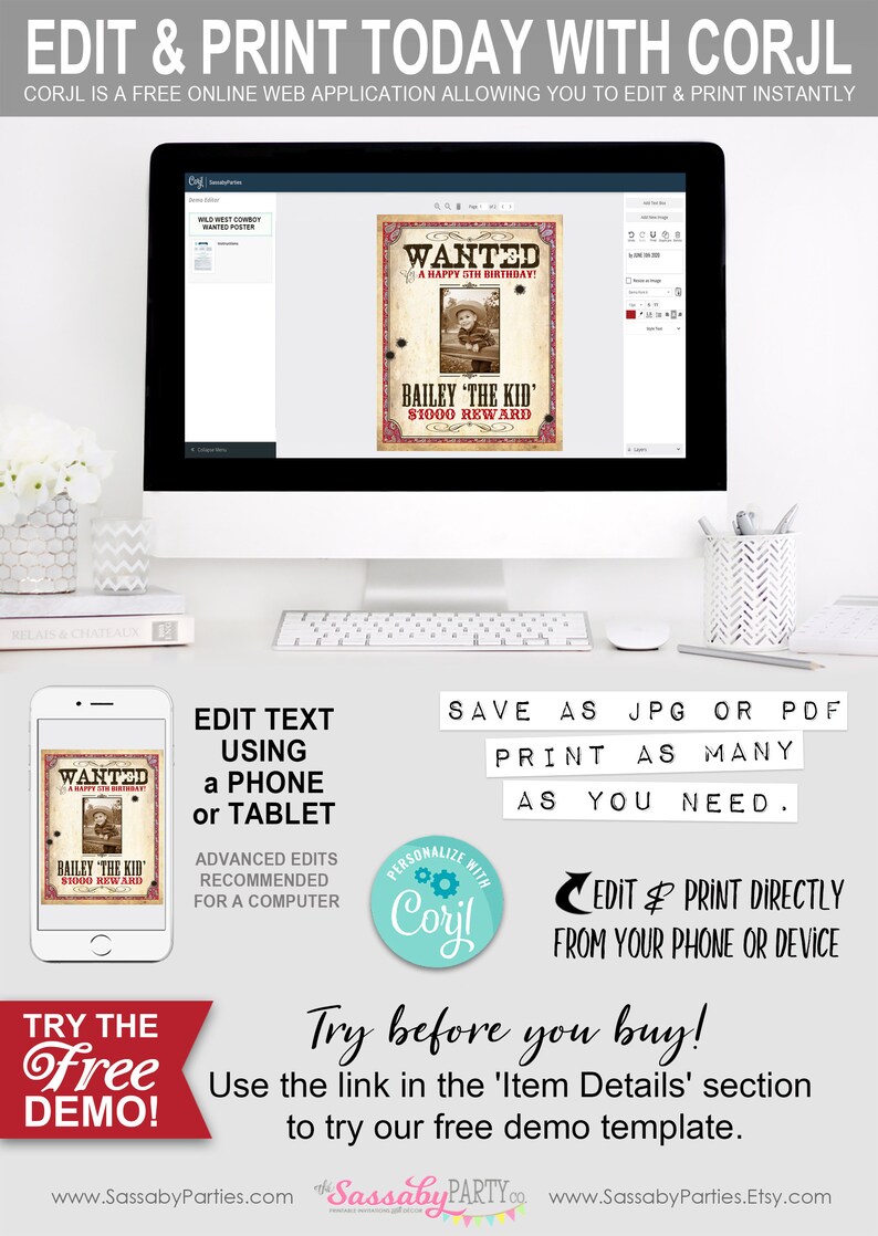Cowboy Poster, Photo, Upload Picture, Wanted Sign, Reward, Printable, Birthday Party Decorations, Edit Text, Editable Name, Print Yourself, Instant Download, Fun Decor, Texas, Wild West, Decoration, Red, Bandana, Print At Home, Digital Files