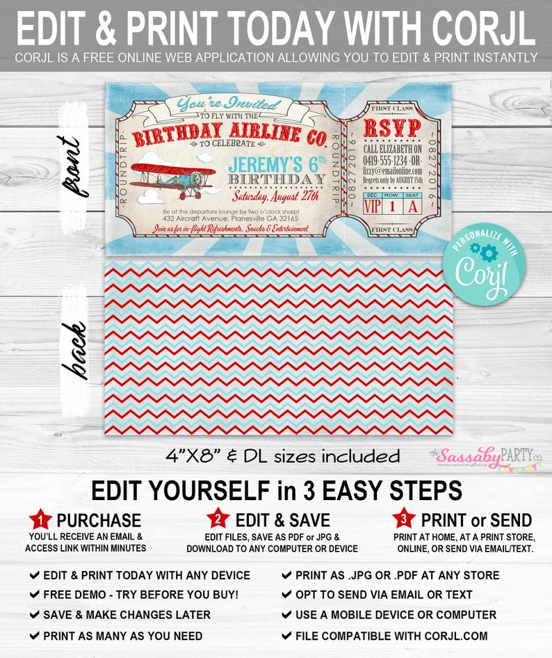 Airplane Birthday Party Invitation, Invite, Edit Text, Editable, Printable, Print Yourself, Instant Download, Plane, Aeroplane, Airline, Birthday, Baby Shower, Decor, Decorations