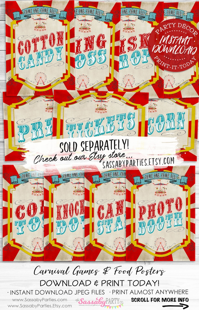 SOLD SEPARATELY Circus Game Food Posters, Sideshow Alley, Photo Booth, Printable, Print Yourself, Instant Download