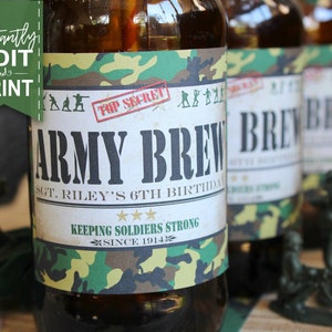 Army Drink Bottle Labels, Soda, Brew, Soldiers, Green Men, Camouflage, Instant Download, Birthday, Party Decor, Decorations, Edit Text, Editable, Print Yourself, Printable, Commando, Military