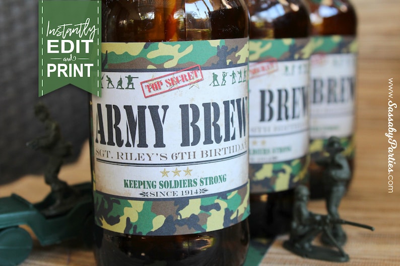 Army Drink Bottle Labels, Soda, Brew, Soldiers, Green Men, Camouflage, Instant Download, Birthday, Party Decor, Decorations, Edit Text, Editable, Print Yourself, Printable, Commando, Military