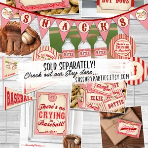 May include: A printable party pack for a baseball-themed party. The pack includes a variety of signs, banners, and labels with a vintage baseball theme. The signs feature red and white stripes, a baseball glove, and the text "Rockford Peaches Baseball Party Pack".