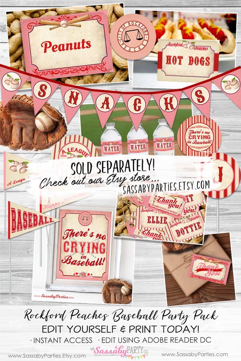 May include: A printable party pack for a baseball-themed party. The pack includes a variety of signs, banners, and labels with a vintage baseball theme. The signs feature red and white stripes, a baseball glove, and the text "Rockford Peaches Baseball Party Pack".