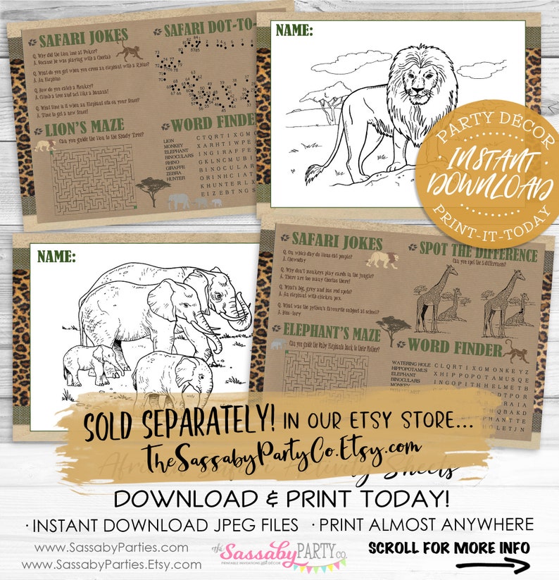 Pu&ograve; includere: Un set di fogli di attivit&agrave; a tema safari stampabili per bambini. I fogli includono pagine da colorare, parole crociate, giochi di punti da unire, labirinti e giochi di trova le differenze. I fogli sono stampati su uno sfondo marrone con un bordo a stampa leopardata.
