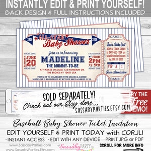 Peut inclure: Une invitation de f&ecirc;te pr&eacute;natale sur le th&egrave;me du baseball avec un design de billet. L'invitation est bleue et rouge avec des rayures blanches et pr&eacute;sente le texte "It's an All-Star Baby Shower" et "Join us in honoring Madeline The Mommy-To-Be".
