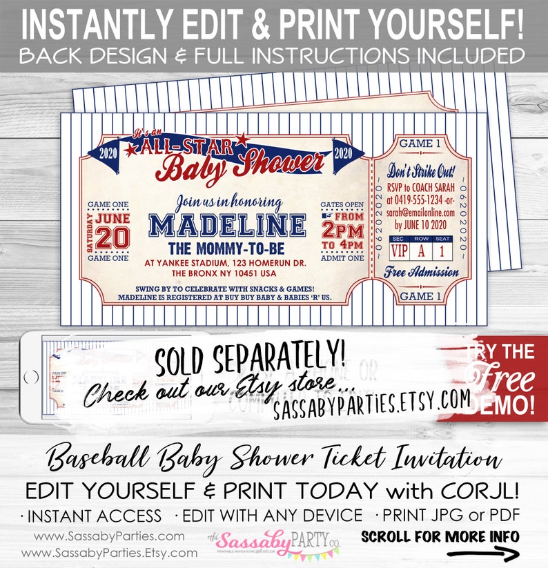 Peut inclure: Une invitation de f&ecirc;te pr&eacute;natale sur le th&egrave;me du baseball avec un design de billet. L'invitation est bleue et rouge avec des rayures blanches et pr&eacute;sente le texte "It's an All-Star Baby Shower" et "Join us in honoring Madeline The Mommy-To-Be".