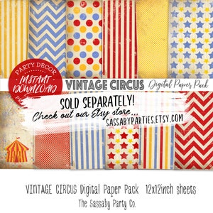 Vintage Circus Digital Paper Pack INSTANT DOWNLOAD Scrapbooking Card Making Sheets, Birthday Party Decoration, Decor, Big Top, Carnival image 3