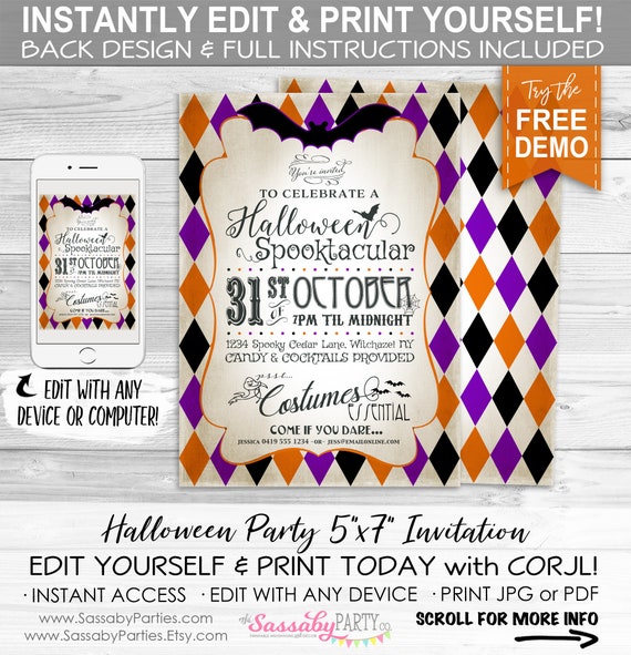 Halloween Party Invitation - INSTANT DOWNLOAD - Edit & Print today, Spooky Harlequin Invitation, Invite, Spooktacular, Bats, Costume, Purple Il_570xn