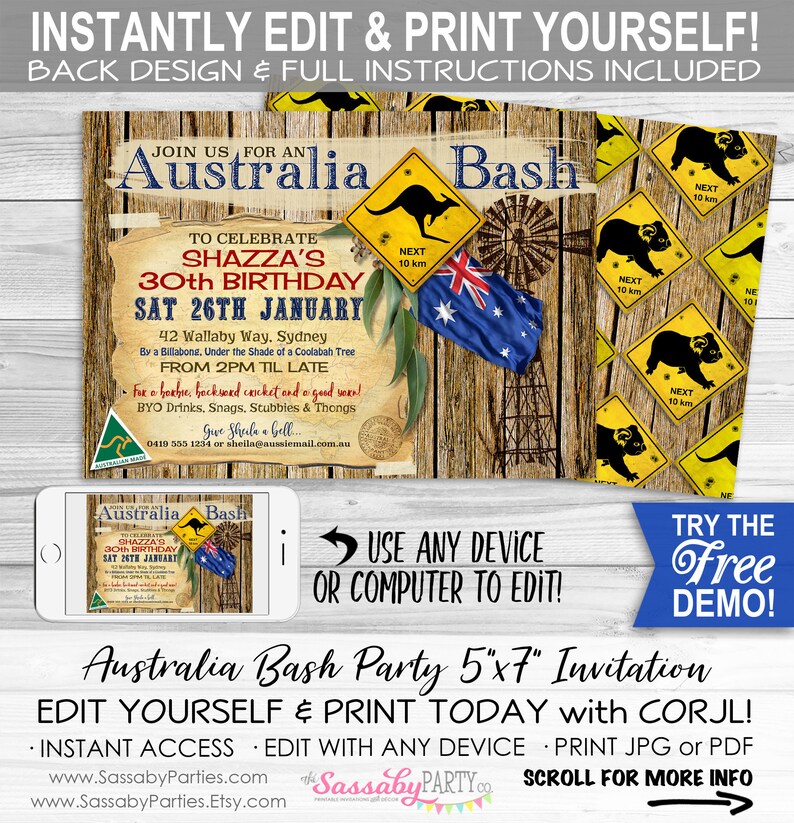 Australian Party Invitation, Bday Invite, Animals, Australia Party, Birthday, Koala, Kangaroo, Aussie, True Blue, Outback, BBQ, Edit Yourself, Editable, Instant Download, Printable, Print Yourself,