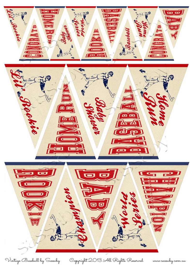 Vintage Baseball Pennant Flags, Baby Shower, Party Decor, Decorations, Food Cupcake Toppers, Printable, Print Yourself, Instant Download,