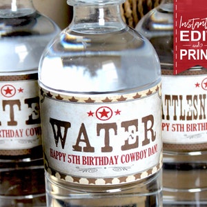 Cowboy Water Bottle Labels - INSTANT DOWNLOAD - Wild West Rodeo, Editable & Printable Party Decorations, Decor, Western, Texas Roadhouse