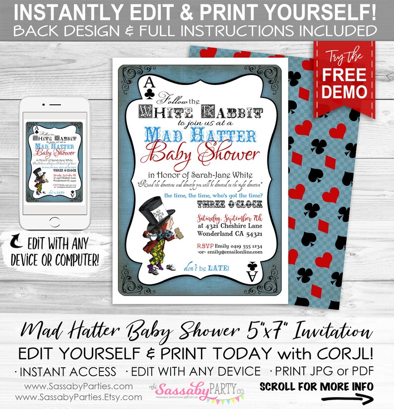 Alice in Wonderland Mad Hatter Tea Party Baby Shower Invitation, Invite, Follow the White Rabbit, Edit Text, Editable, Printable, Print Yourself, Instant Download, Digital Files, Baby Shower, Blue,