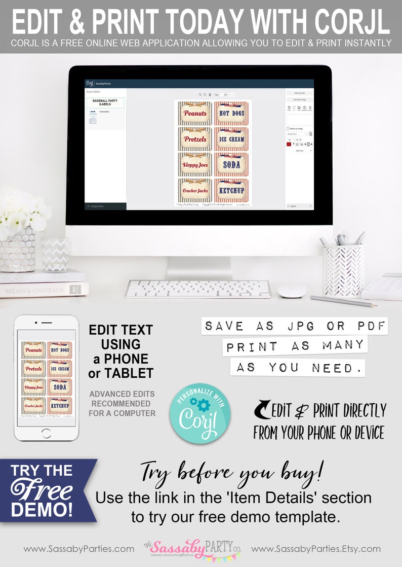 Vintage Baseball Party Etiketten - INSTANT DOWNLOAD - Bearbeitbare & druckbare Geburtstagsfeierdekorationen, Dekor, Essenstisch, Tags, Geschenkkarten Bild 3