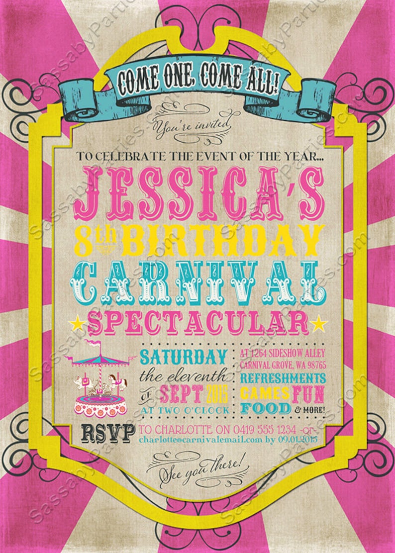 Carnival Invitation, Invite, Any Age, Birthday, Pink, Carousel, Ferris Wheel, Instant Download, Edit Text, Editable, Printable, Print Yourself, Use Any Device