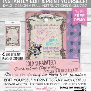 May include: Pink and white Alice in Wonderland themed printable invitation for a tea party. The invitation features a white rabbit holding a pocket watch and a teacup. The text on the invitation reads "Follow the White Rabbit to Isabella's un-birthday Alice in Wonderland Tea Party" and "Saturday 16th February at 4321 Wonderland Lane Cheshire, New York 10001".