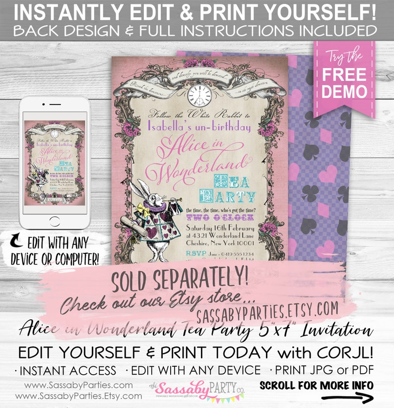 May include: Pink and white Alice in Wonderland themed printable invitation for a tea party. The invitation features a white rabbit holding a pocket watch and a teacup. The text on the invitation reads "Follow the White Rabbit to Isabella's un-birthday Alice in Wonderland Tea Party" and "Saturday 16th February at 4321 Wonderland Lane Cheshire, New York 10001".