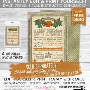May include: Editable camping themed birthday party invitation with a green and brown color scheme. The invitation features a tent, trees, and a campfire. The text on the invitation reads "You're invited to hike on over to Camp Jeremy for his 8th birthday".