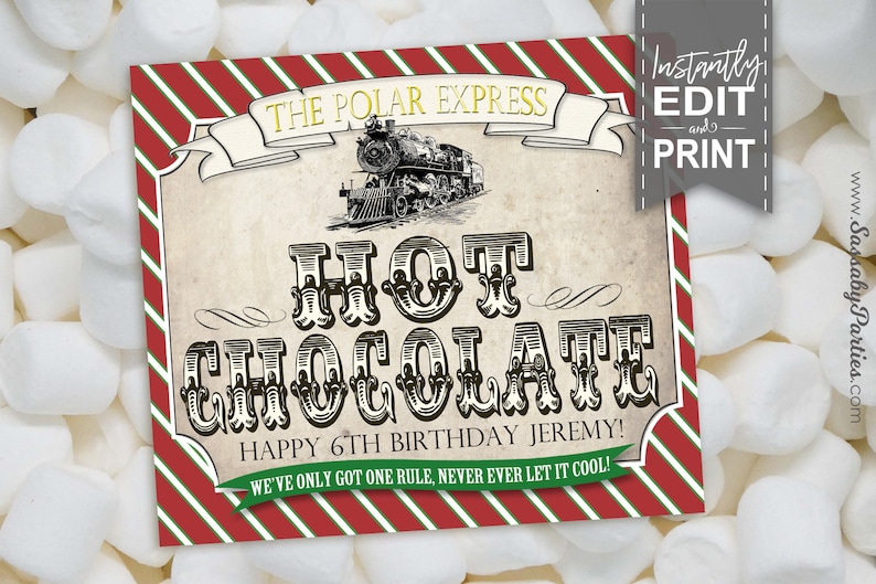 Polar Express Hot Chocolate Labels, Birthday Party Decor, Decorations, Christmas, Xmas, Never Let It Cool, Editable, Instant Download, Printable Birthday, Print Yourself