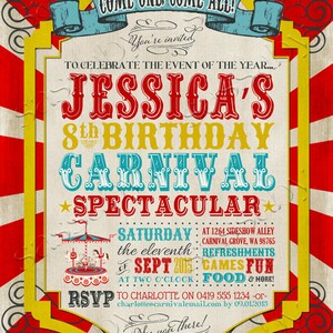 Carnival Birthday Invitation, Invite, Any Age, Red, Carousel, Ferris Wheel, Instant Download, Edit Text, Editable, Printable, Come One Come All, Print Yourself, Use Any Device