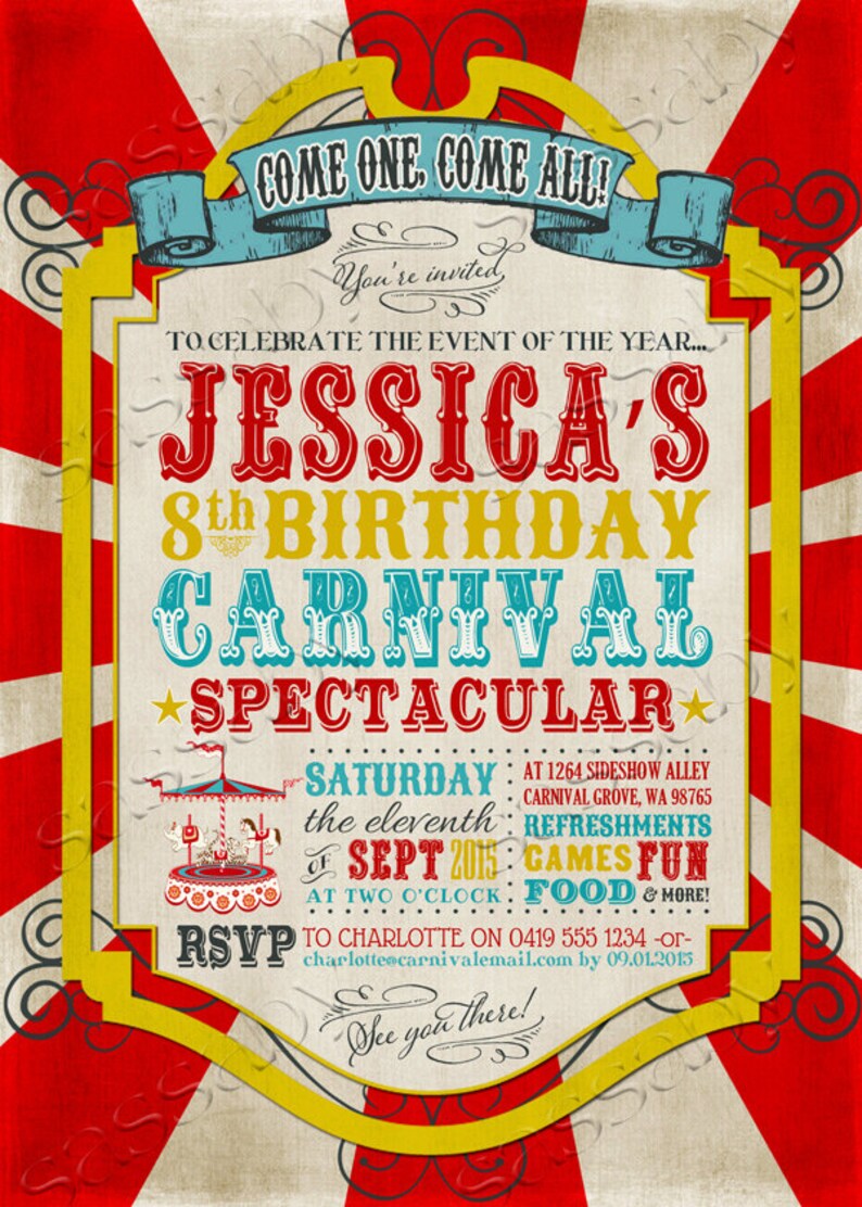 Carnival Birthday Invitation, Invite, Any Age, Red, Carousel, Ferris Wheel, Instant Download, Edit Text, Editable, Printable, Come One Come All, Print Yourself, Use Any Device