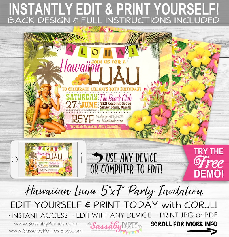 Hawaiian Luau Invitation, Tropical Party, Birthday, BBQ, Beach, Hawaii, Aloha, Bday, 30th Bday, 40th, Bridal Shower, Cocktails, Retro, Printable, Print Yourself, Instant Download, Editable, Edit Text