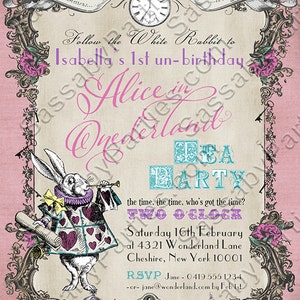 Alice in Wonderland Onederland Invitation, Pastel Pink Invite, First Birthday, 1st Bday, One, Edit Text, White Rabbit, Tea Party, Dont Be Late, Editable, Instant Download, Printable Birthday, Print Yourself