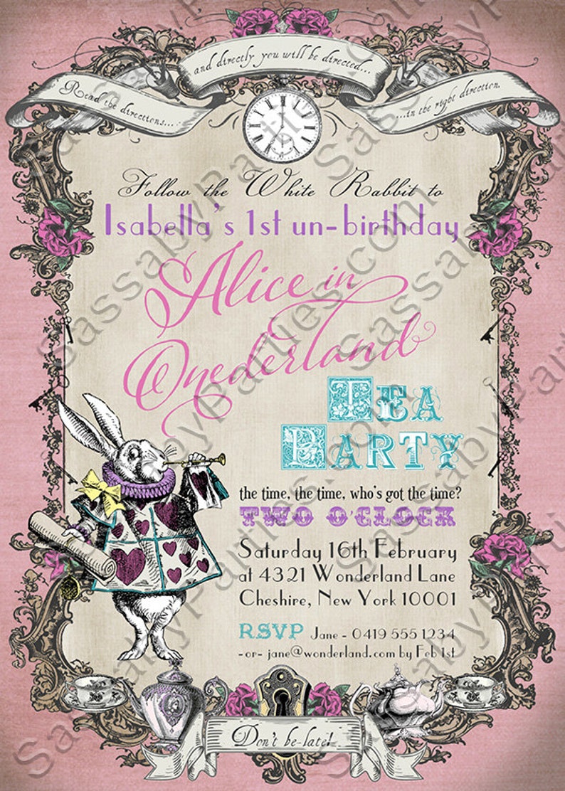 Alice in Wonderland Onederland Invitation, Pastel Pink Invite, First Birthday, 1st Bday, One, Edit Text, White Rabbit, Tea Party, Dont Be Late, Editable, Instant Download, Printable Birthday, Print Yourself