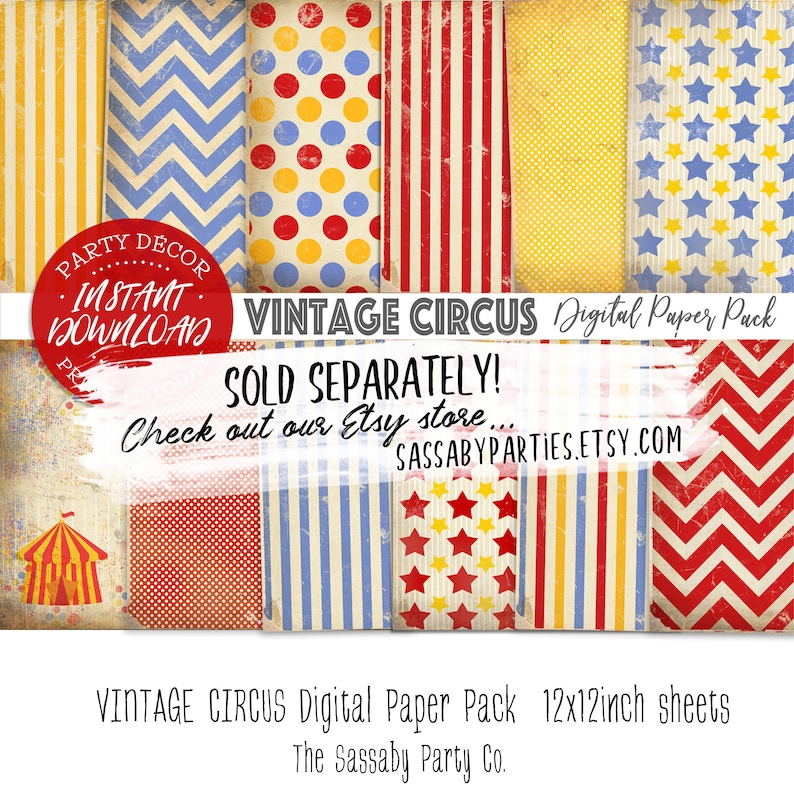 May include: Vintage circus digital paper pack with 12 different patterns. The patterns include red and blue stripes, yellow and blue polka dots, red and blue chevron, and yellow and blue stars. The paper pack is 12x12 inches.